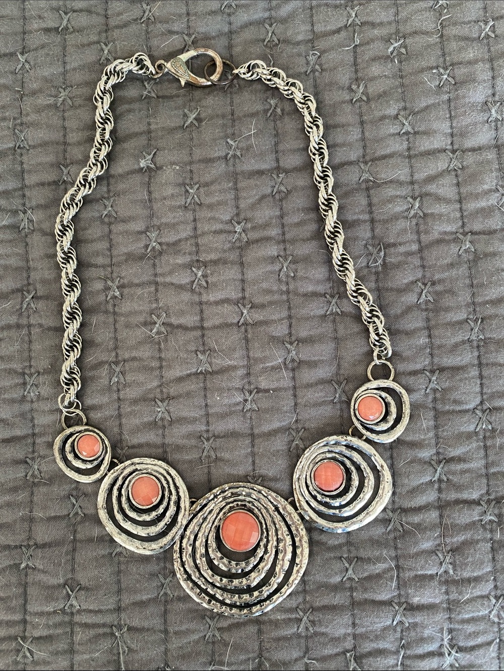 Silver-Tone Statement Necklace with Coral Accents